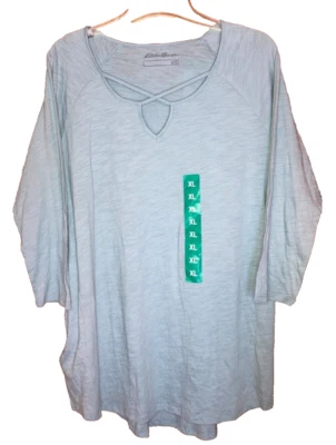 Top Eddie Bauer para mujer azul marino manga 3/4 talla XL tejido elástico escote ojo de cerradura Foto 1 de 4