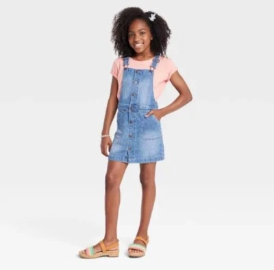 Cat & Jack Denim Overall Skirtall Girls Dress Pockets Medium Wash - L(10-12) - Image 1 of 4