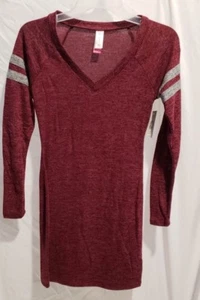 Womens Burgundy Athletic Fitted Dress Long Sleeve MAROON Gray Stripes Tunic snug - Picture 1 of 15