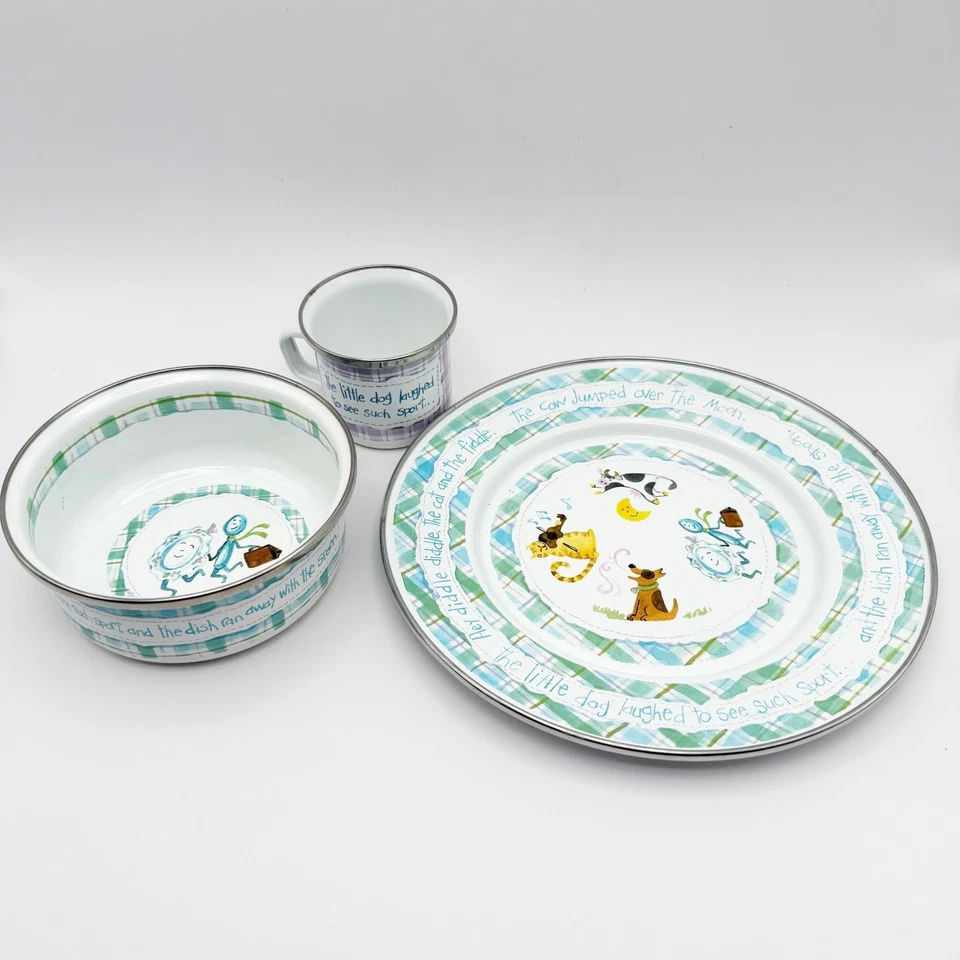 Golden Rabbit Enamelware Child's Set 3 Piece Nursery Rhyme Cow Cat Dog Spoon NEW - Image 1 of 4