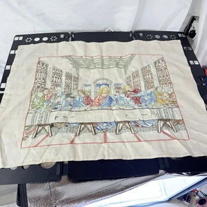 THE LAST SUPPER Vintage Needlepoint Hand Made 18 1/2”x25” Cream Linen - Picture 1 of 7