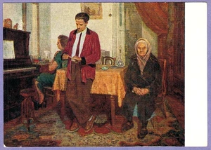 A.Burak 1955 Russian Socialist Realism postcard MOTHER CAME TO ASK SON FOR HELP - Picture 1 of 2