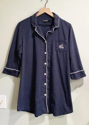 Camisa para dormir Lauren Ralph Lauren L punto bingham algodón a lunares azul marino Foto 1 de 4