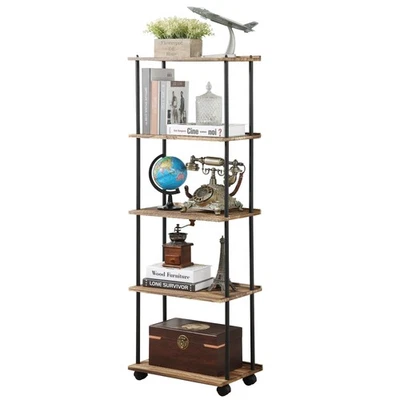 高书架带轮子 5 层实木书柜适用于小空间角落 — 第 1/4 张图片