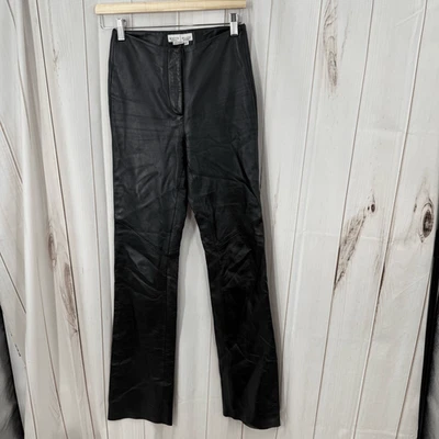 Vintage White House Black Market Women’s 2 Leather Black Flare Pants Raw Hem - Image 1 of 4