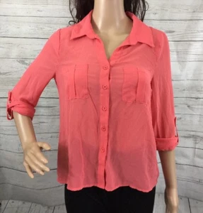 Semi-Sheer Melon Pink Button Down Shirt Small 3/4 Sleeve High Low Coral Blouse - Picture 1 of 12