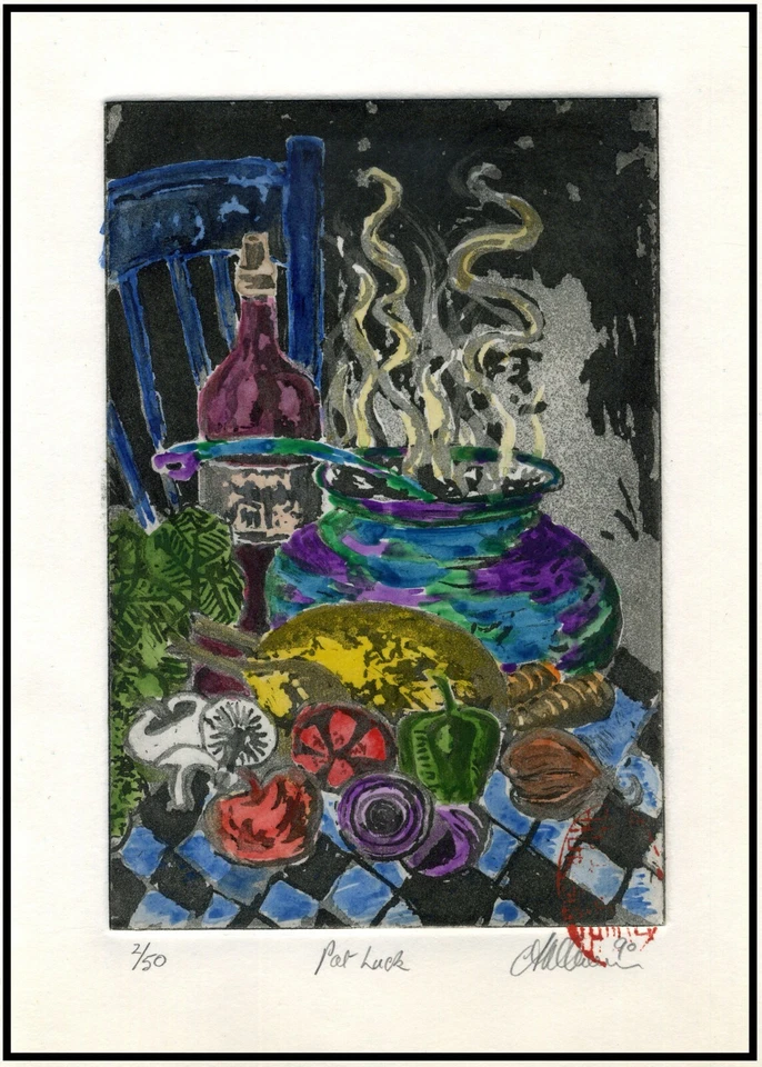 POT SUERTE VINO CENA FIESTA FRUTA BODEGÓN. ACUARELA LINOCUT Original Foto 1 de 1