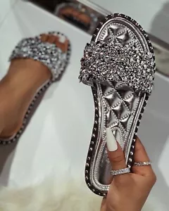 New Women Open Toe Jeweled Rhinestone Band Slide Sandal Shoes Flip Flops Slipper - Picture 1 of 13