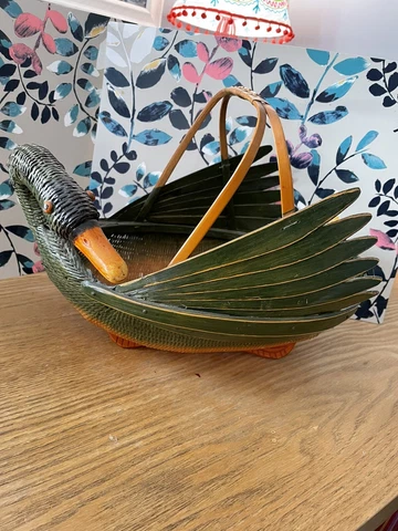 VTG Bamboo Duck Goose Green Bird Zhejiang Painted Chinese Basket Cover