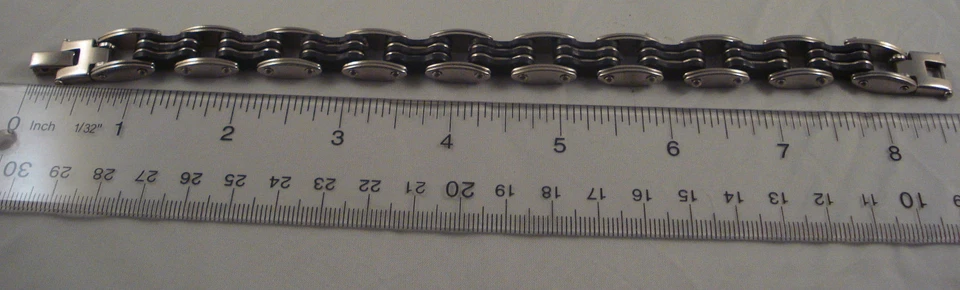 黑色橡胶手链 8.5 英寸男式银色不锈钢手镯腕带 BR-14 — 第 1/1 张图片