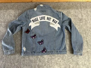 CI SONO Denim Collection Jacket Red Rose Make Love Not War Patches Junior Size L - Picture 1 of 15