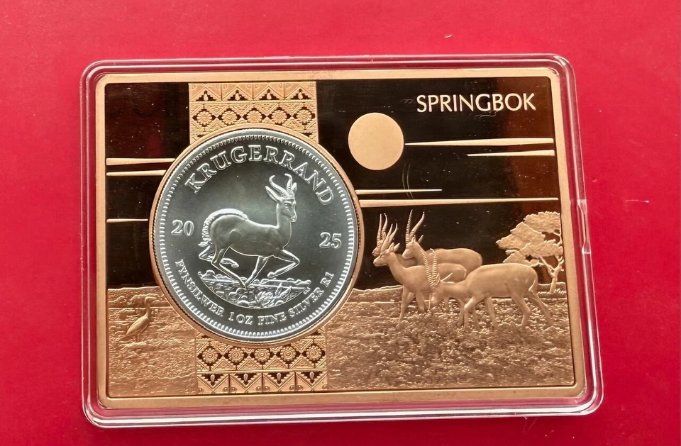 Krügerrand 2025,  1 Oz Silber im Münzbarren Kupfer ( 3 Oz ) Motiv Springbock - Bild 1 von 4