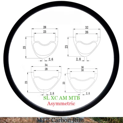 Llanta de carbono para bicicleta MTB 29er 28/32/34/36 mm de ancho 23 mm de profundidad sin cámara 24 28 32 orificios  Foto 1 de 4