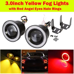 2x 3.5" Round Yellow Projector LED Fog Light w/ Red COB Halo Angel Eye Ring DRL - Picture 1 of 11