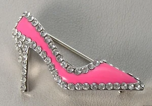 Stunning Vintage High Heel-Stiletto Pink Enamel Shoe & Crystal Rhinestone Pin 3 - Picture 1 of 4