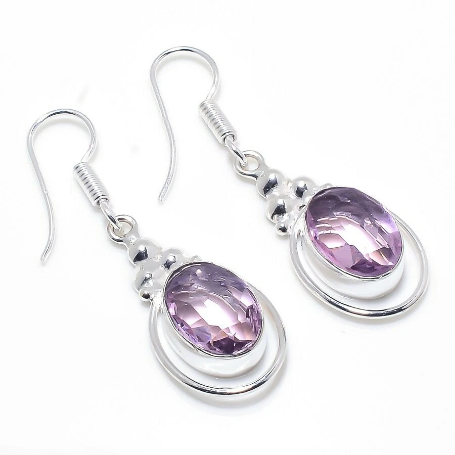 Pink Kunzite Gemstone Handmade 925 Sterling Silver Jewelry Earring Sz 1.5'' - Image 1 of 1