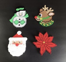 (4) Plastic Canvas Needlepoint Christmas Magnets Santa Snowman Reindeer Finished