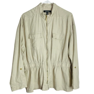 Ellen Tracy 100% Linen Anorak Jacket Womens L Beige Full Zip Roll Tab Sleeve - Image 1 of 4