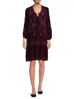 $365 JOHNNY WAS SZ S VELVET EMBROIDERED IVEY FIELD TIERED DRESS EGGPLANT NWT - Image 1 of 4