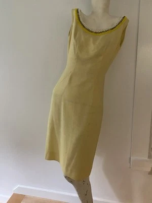 VTG Yellow Shift Linen Dress Beaded Neckline Romantic Mod 60s 70s Handmade - Image 1 of 4