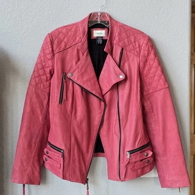 Chaqueta motera de cuero genuino, rosa, Neiman Marcus, grande Foto 1 de 4