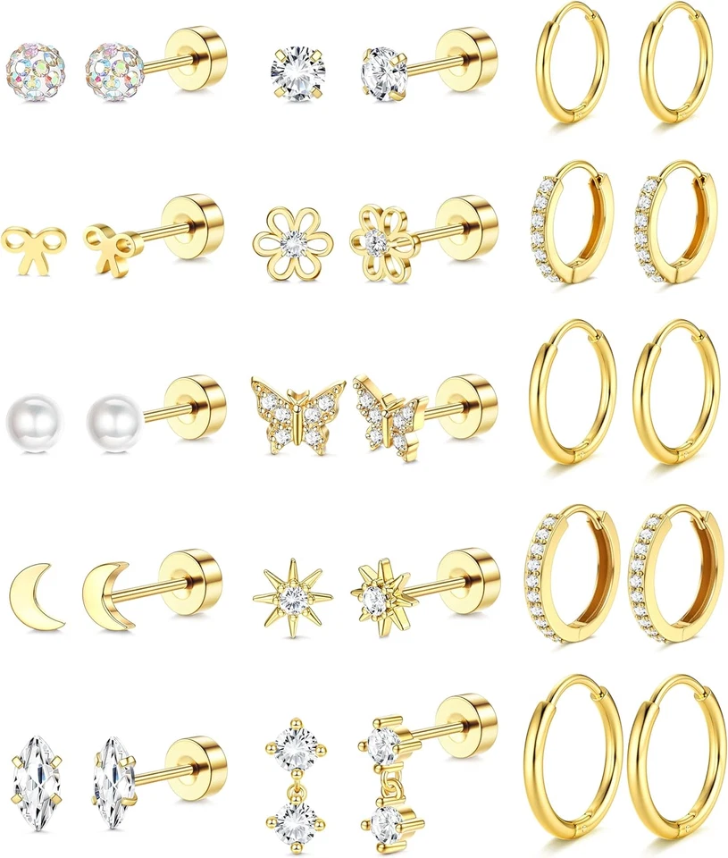 Pendientes planos chapados en oro de 14K - Stu de acero inoxidable quirúrgico hipoalergénico Foto 1 de 4