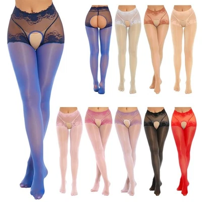 Womens Oil Glossy Crotchless Pantyhose Stockings Stretchy Tights Sports Lingerie - Image 1 of 4