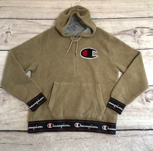 Champion Hoodie Mens L Beige Sherpa Fleece Zip Pullover Hooded Logo Sweatshirt - Picture 1 of 12