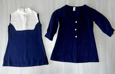 Abrigo de vestir vintage años 60-70 niñas 2 piezas fiesta de Pascua azul/blanco bloque de color 7 Foto 1 de 4