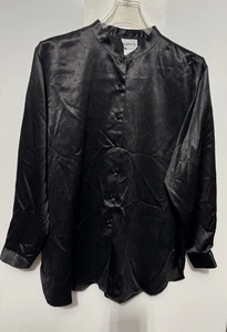 BonWorth Vintage Bluse schwarz Satin Knopfleiste ohne Kragen Größe XL Petite - Bild 1 von 9