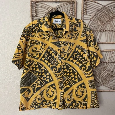 Винтажная женская гавайская лагерная рубашка Hoku на пуговицах спереди племенная *см. msrmts B2 - Изображение 1 из 4