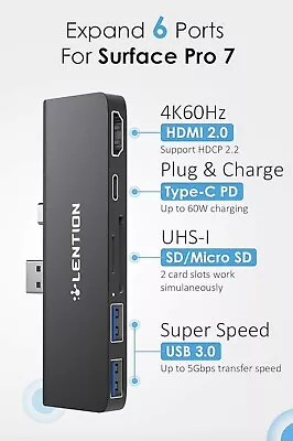 ZWEI Lention 6-in-1 USB-C Dock/Hub Microsoft Surface Pro 7 HDMI USB 3.0 SD CS34 - Bild 1 von 4