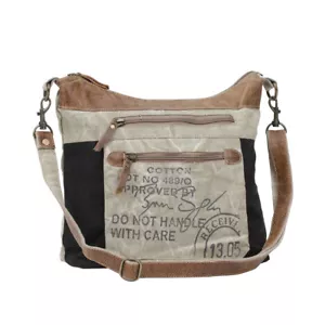 Doppelreißverschluss Recycling Canvas + Leder Schultertasche Khaki + Braun viele Taschen - Bild 1 von 4
