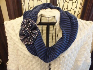 Upcycled Infinity Scarf Royal Blue Black 56" Long Handmade Removeable Flower Pin - Picture 1 of 2
