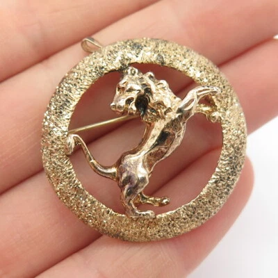 925 Sterling Silver Gold Plated Vintage Lion Pin Brooch / Pendant - Изображение 1 из 4