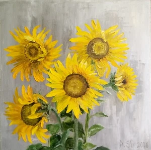 Original oil on canvas painting Sunflowers yellow flowers 20x20 in - Picture 1 of 11