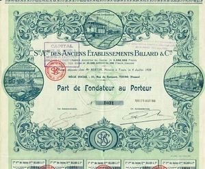 FRANCE BILLAR RAILWAY EQUIPMENT COMPANY certificado de stock/bono - Imagen 1 de 1