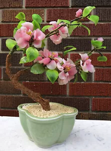 Chinese carved jade agate quartz 2 1/4" flowers tree bonsai 13" x10" - Picture 1 of 8