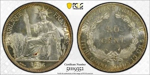 FRENCH INDO CHINA 50 Cent 1936, PCGS MS 64 Chouce UNC / BU w/ Full Luster. R7. - Picture 1 of 3
