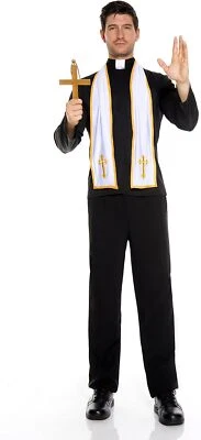 Religious Priest Catholic Black Mass Man Fancy Dress Up Halloween Adult Costume - Image 1 of 2