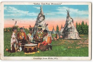 "Indian Tom-Tom Drummer" - Greetings from Elcho, Wisconsin VTG Postcard SK2. - Picture 1 of 2