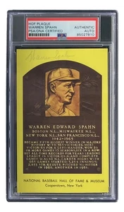 Warren Spahn Signed 4x6 Milwaukee Braves Hall Of Fame Plaque Card PSA/DNA - Picture 1 of 4