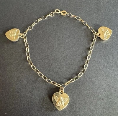 9ct Yellow Gold Guardian Angel Heart Charm Cherub Bracelet 7.25" Hallmarked 375 - Image 1 of 4