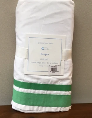 NUEVA Falda Cuna Pottery Barn Bebé Orgánica Harper 16" Gota VERDE Borde Preppy Foto 1 de 4