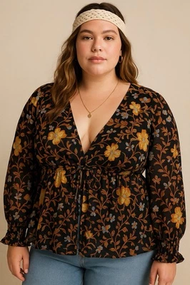 Blusa para mujer Old Navy talla XXL floral negra manga larga bohemia Foto 1 de 4