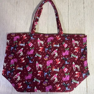 Vera Bradley Quilted Large Tote Bag Burgundy Holiday Dogs Print Shoulder Purse - Picture 1 of 7