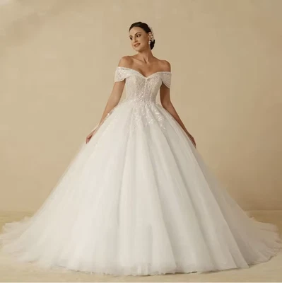 Beading Princess Wedding Dresses Sleeveless Off Shoulder Bride for Women Glitter - Image 1 of 4