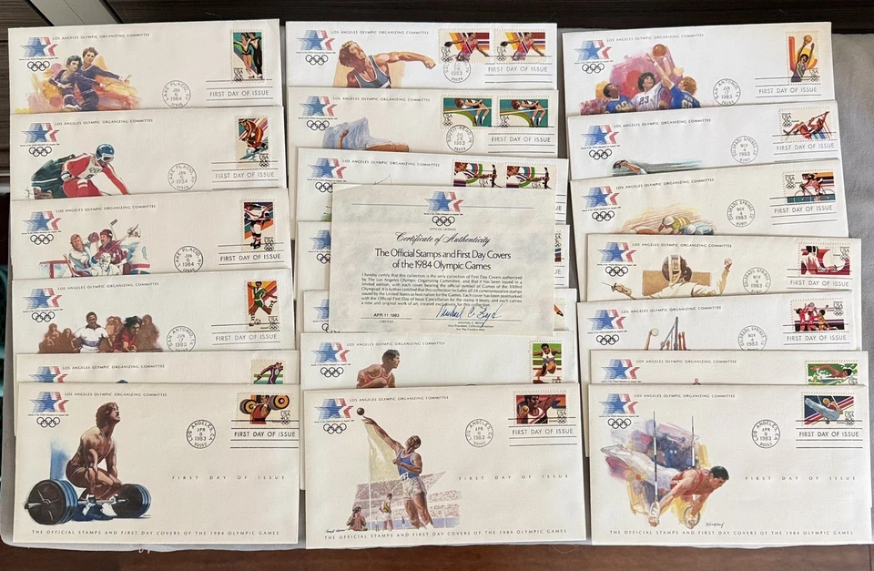 Commemorative Box Set 1984 Olympic Games-24 Official Stamps on 20 FDC’s-Info/COA - Image 1 of 4