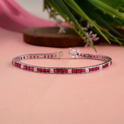 9.65Ct Lab Grown Princess Cut Diamond with Ruby Tennis Bracelet 18k White Gold - Image 1 of 4
