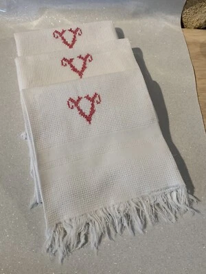 3 Torchons anciens A Franges monogramme V brodé main Vintage 80 X 57 Cm - Photo 1/4